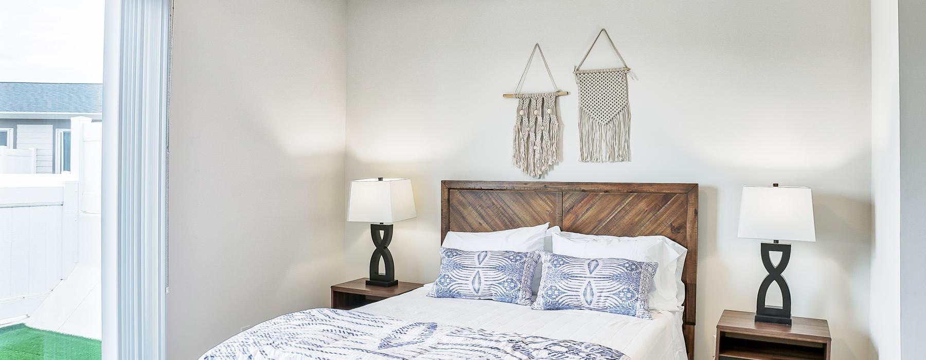 a bedroom with a bed and lamps