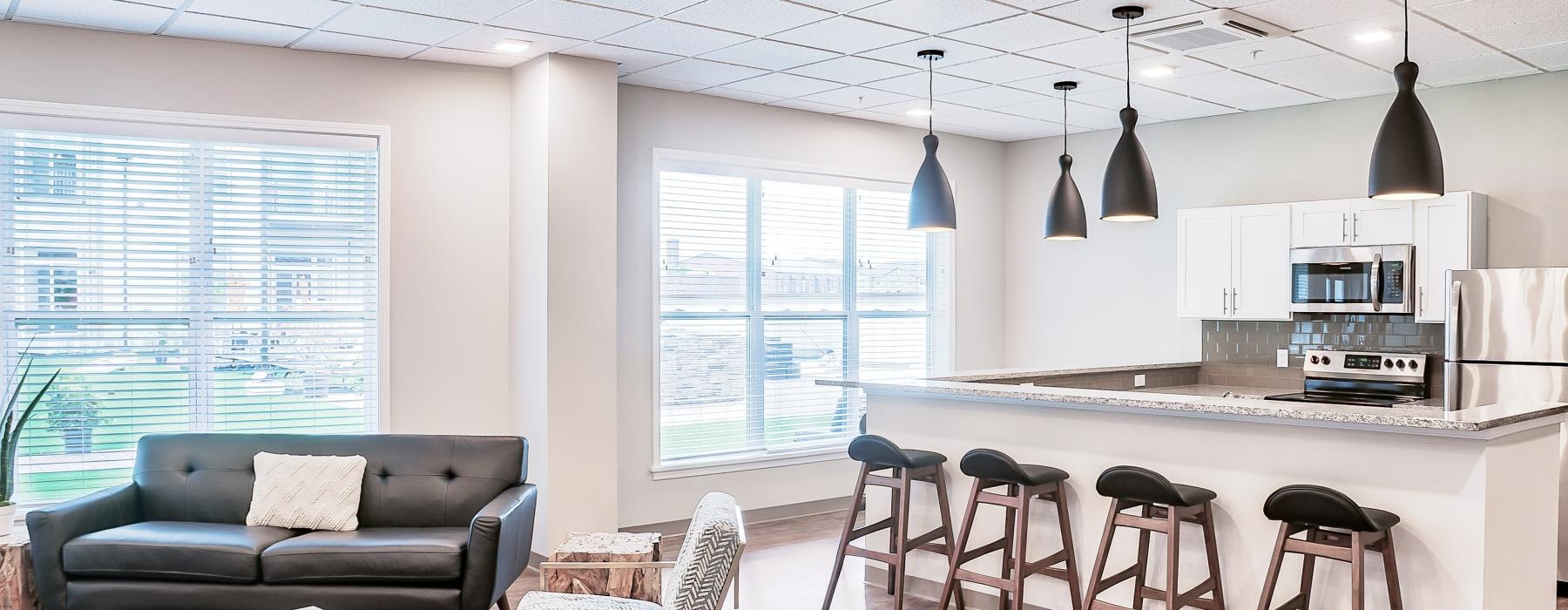 a kitchen and living room